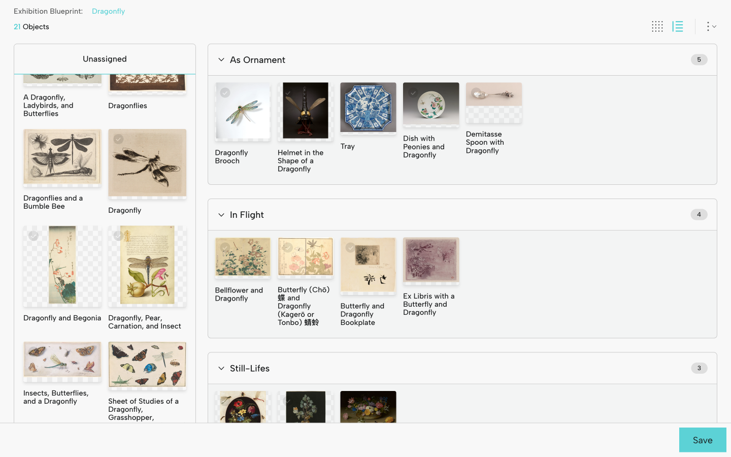 View of the Object Manager showing exhibition objects sorted into exhibition sections  